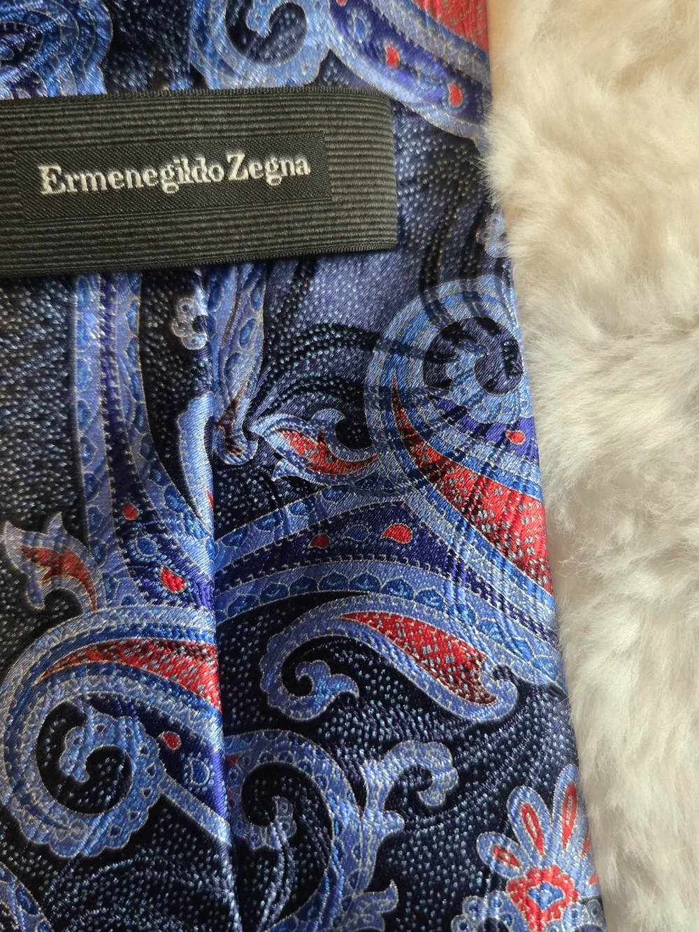 Ermenegildo Zegna Navy Paisley Tie with Blue and Red Accents